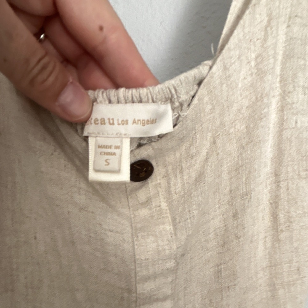 Monteau Beige Linen Blend Sundress S Button Front Ruffle Strap Knee Length - Picture 3 of 11